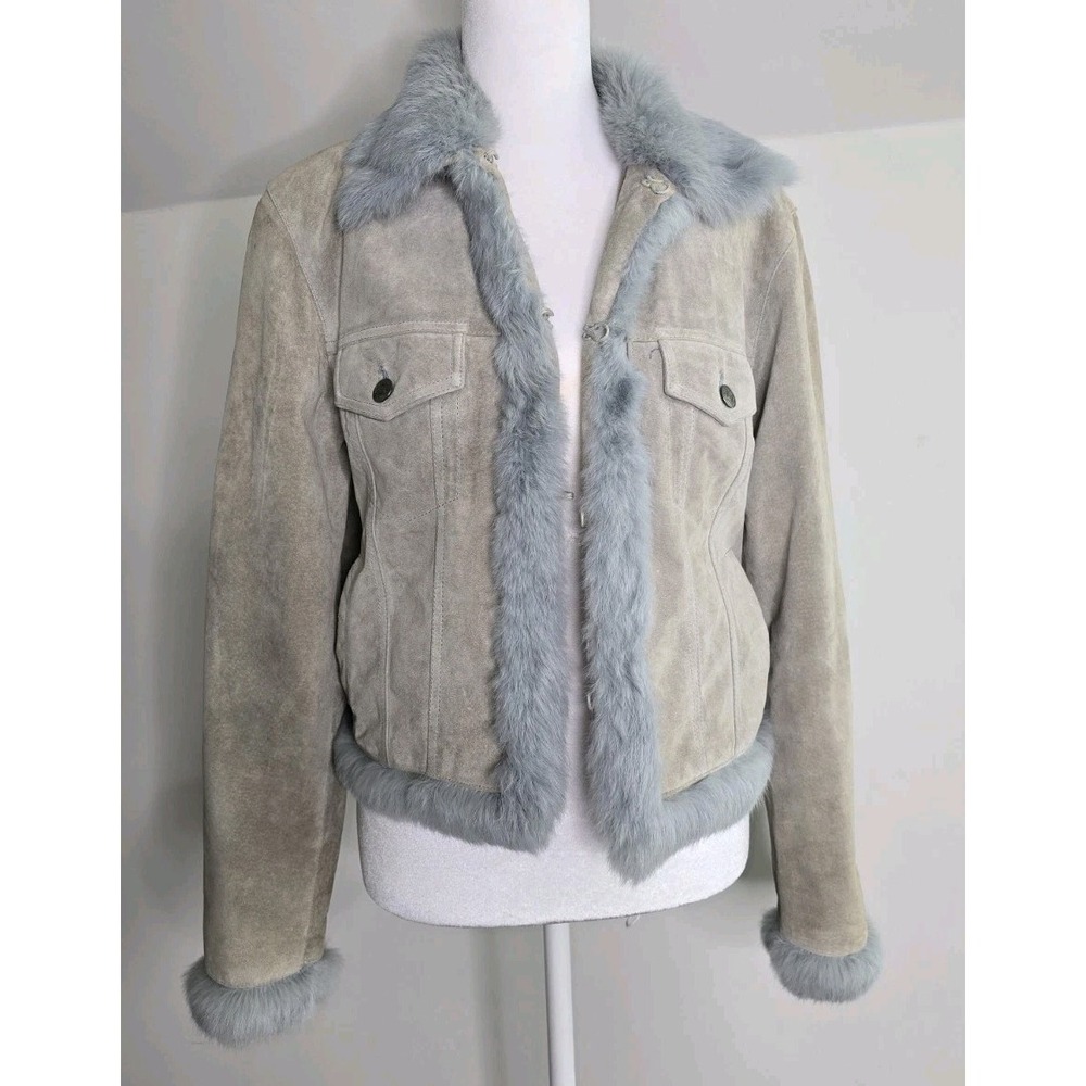 Y2K Vintage La Fiorentina Italy Genuine Suede Rabbit Fur Trim Jacket Old Money S